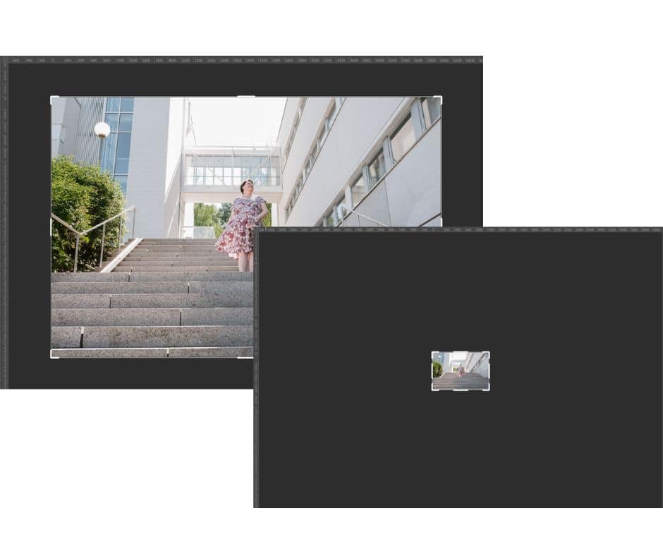 Kaksi ruutua, jotka havainnollistavat kuvan koon muutoksen suuresta pienemmäksi.